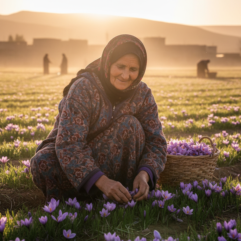 Moroccan woman harvesting saffron